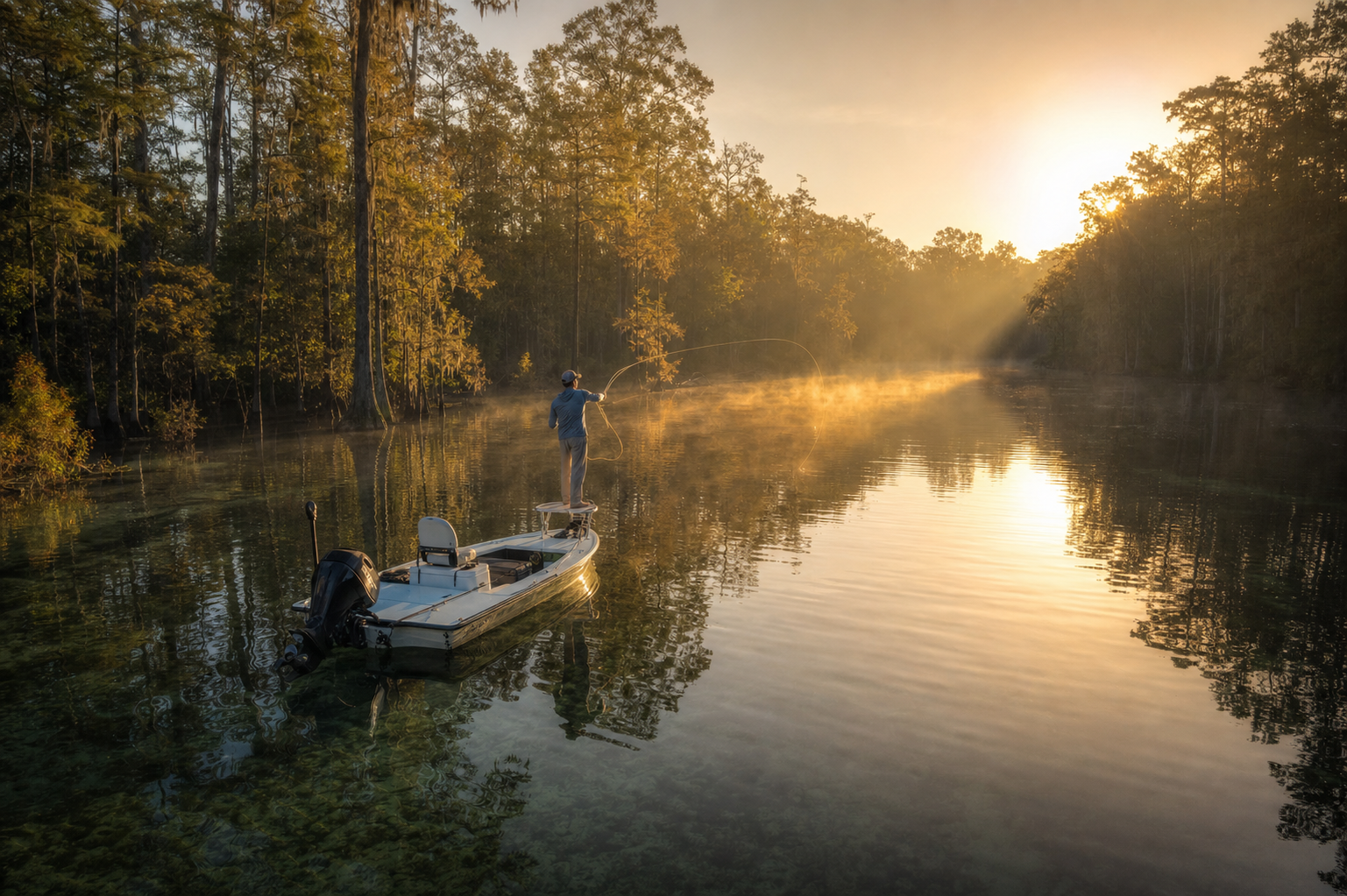Angler casting from a small boat on a calm north Florida river at golden hour, cypress trees on the banks