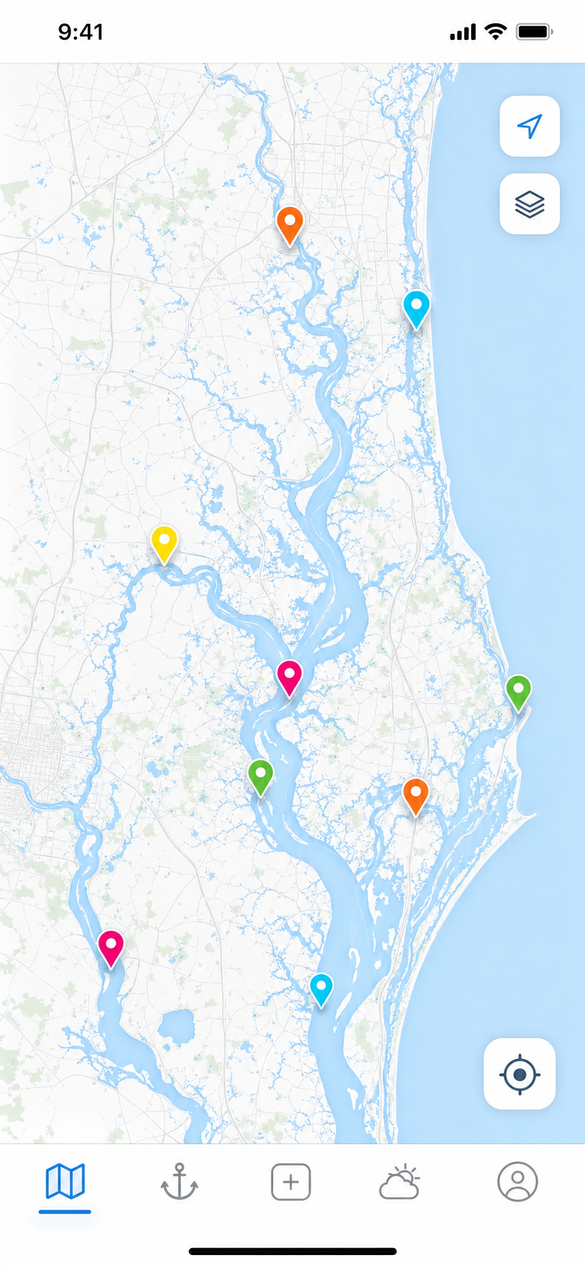 iPhone screenshot showing a nautical map with high-visibility color-coded pin markers on a Florida river system