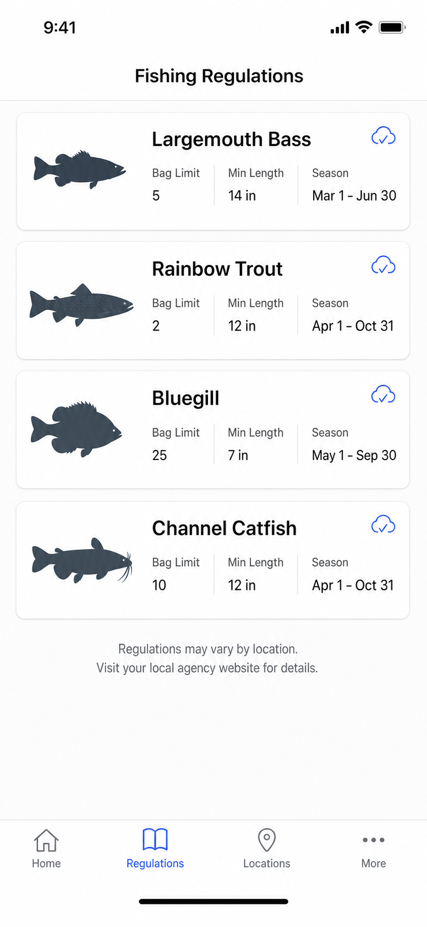 iPhone screenshot of the fishing regulations page showing species with bag limits, minimum length, and open seasons, marked as available offline
